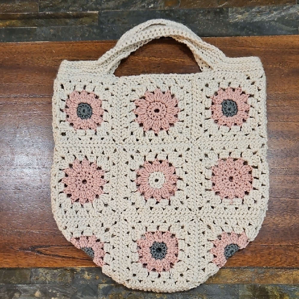 Handcrafted Cream and Pink Flower Crochet Tote